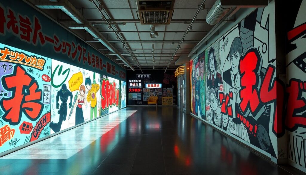 Галерея стрит-арта в духе японской визуальной культуры - иллюстрация